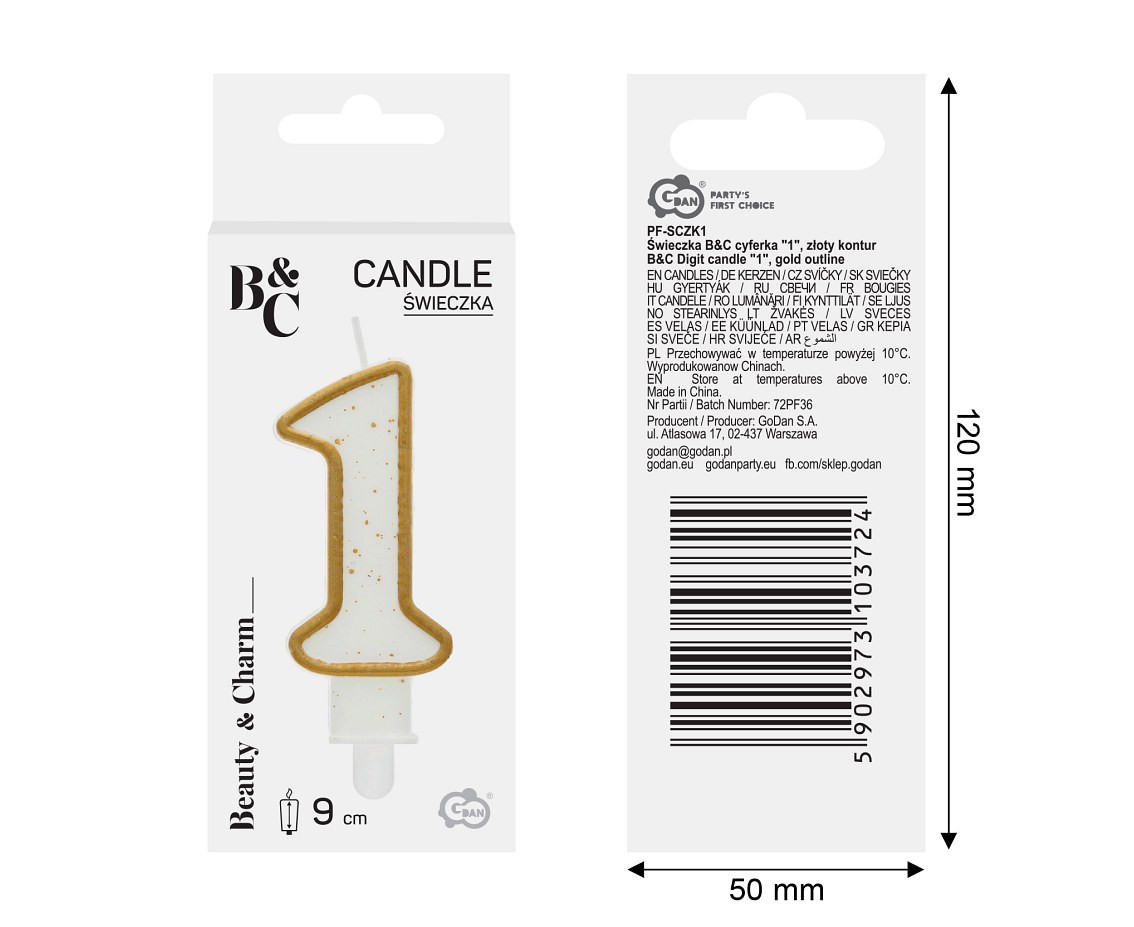 Digit candle "1", gold outline, 8 cm